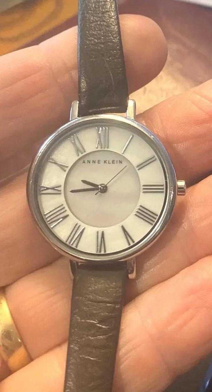 Women's Anne Klein 32mm Watch, Silver Tone Case, Black Band, MOP Face